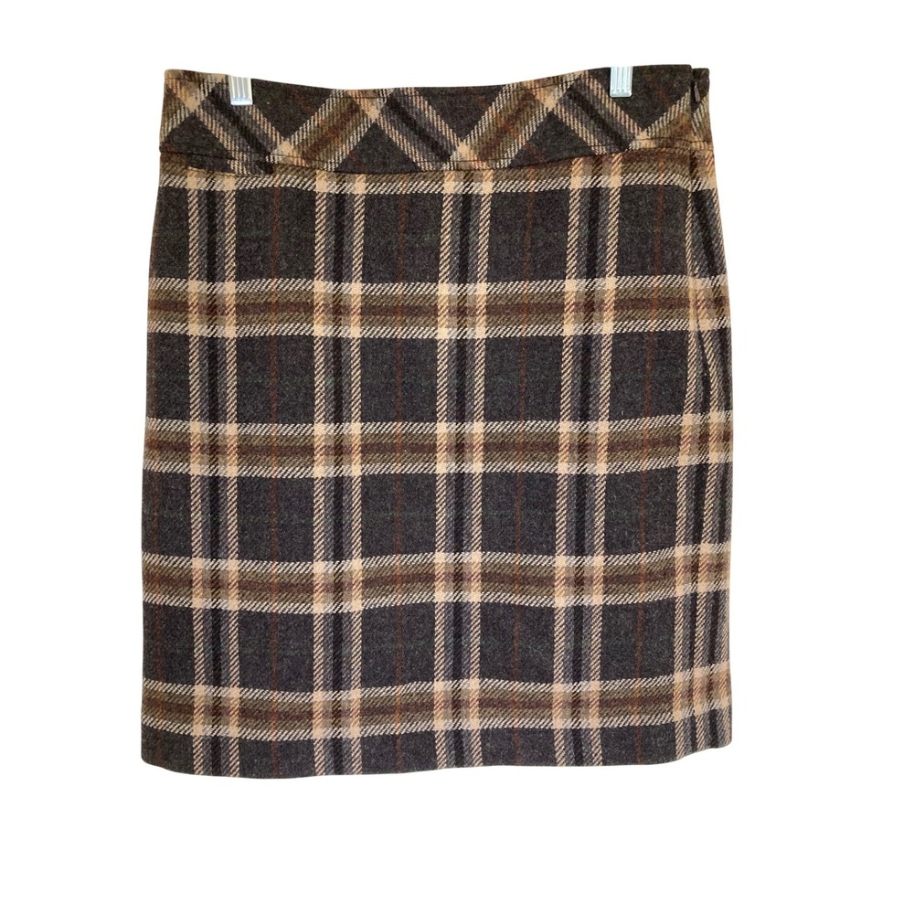 LL Bean Wool‎ Blend Plaid Pencil Skirt Brown Tan Charcoal 12 Reg 264378
